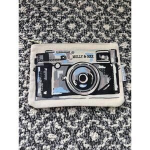 Molly & Rex Camera Decal Zipper Pouch Textured Makeup Pens Small Natural Fabric